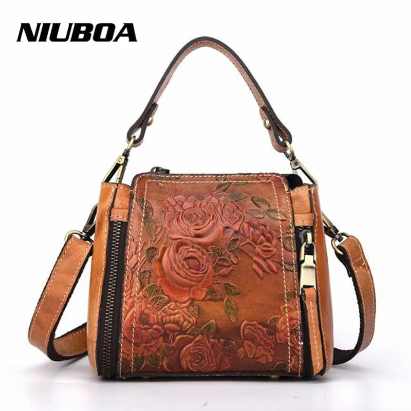 

NIUBOA Fashion Genuine Leather Messenger Bag New Women Bucket Shoulder Bag Handbag Euro Vintage Summer Embossed Crossbody Bags