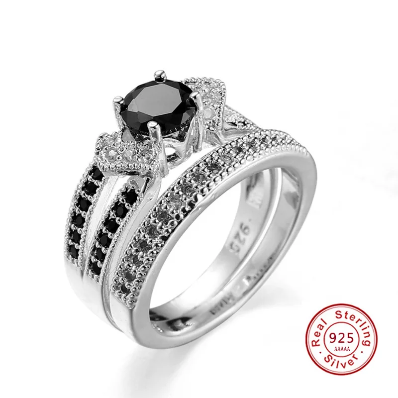 Fashion Black zircon Couple Rings Real 925 Sterling Silver Wedding Rings for Women and Men 1 Pair Engagement Ring Set Jewelry