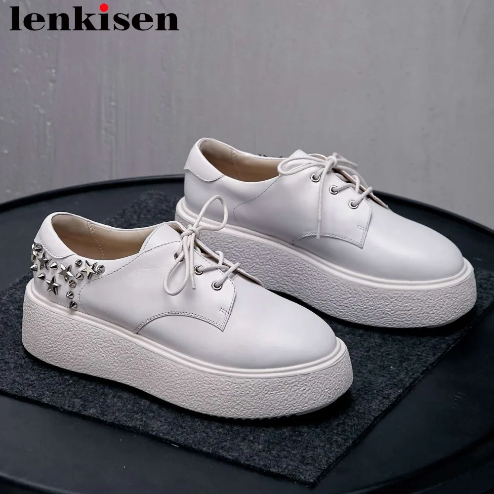 

2019 concise style thick high bottom genuine leather lace up round toe rivets decoration sneakers woman vulcanized shoes L0f5