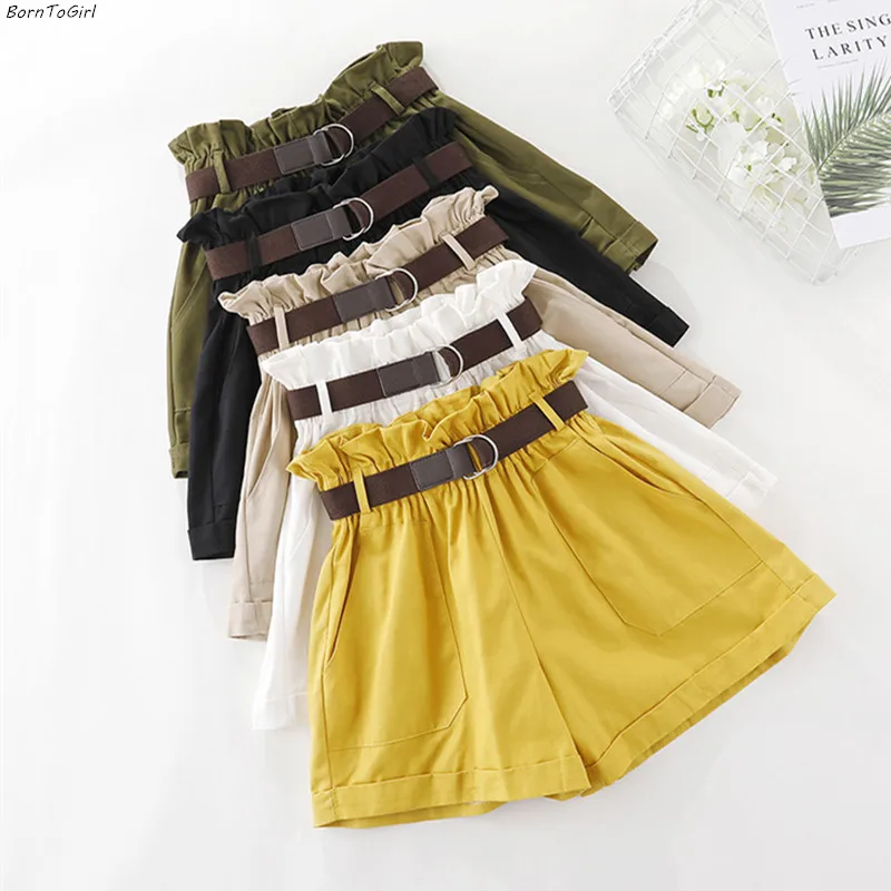 

BornToGirl Casual Cotton Thin Shorts For Women High Waist Black White Yellow Army Green Khaki Shorts With Belt