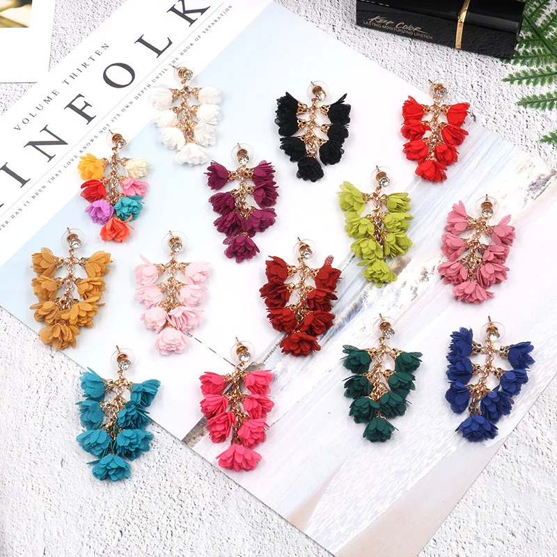 

Bohemia Ethnic Fabric Flower Dripping multi-level Tassel Earrings For Women Boho Round Shape Gold Alloy Fantasy Boucles Doreille