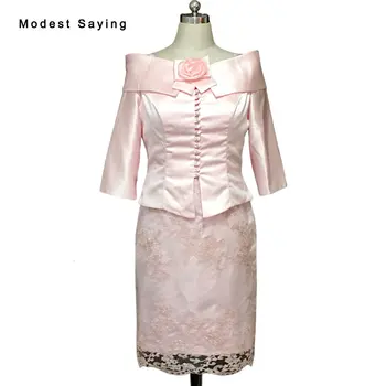

Elegant Pink Lace Mother of the Bride Dresses 2017 with 3/4 Sleeve Satin Jackets Boleros Knee Length Prom Gowns vestidos BE114
