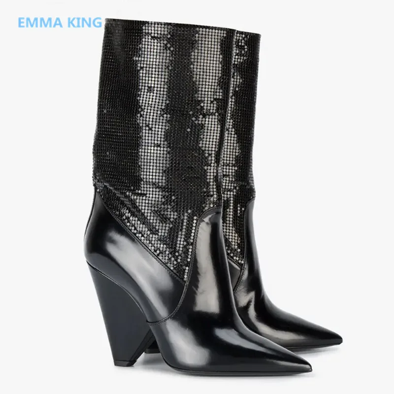 

2018 Sexy High Heel High Boots Black Leather Layered With Black Mesh Booties Pointed Toe Structured Cone Heel Party Women Shoes