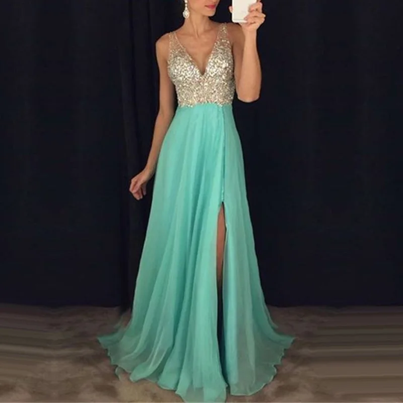 

Women Casual Dress Gown Prom Cocktail Sleeveless V Neck Sequins Long Party Sexy