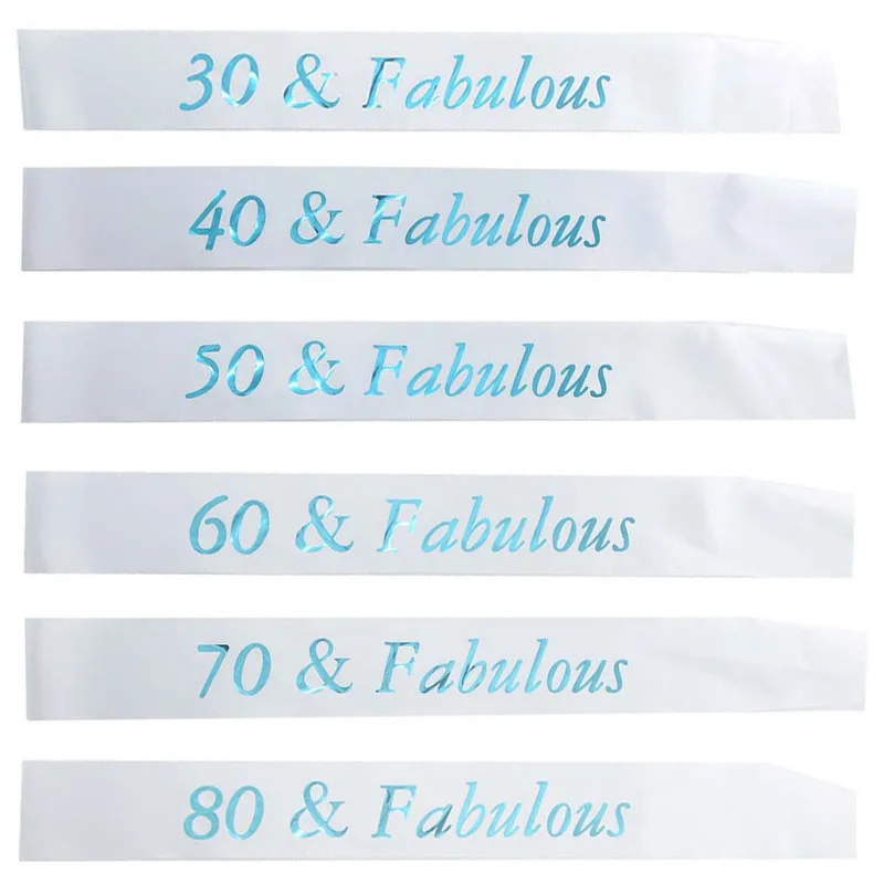 

White Birthday Sash Blue Glitter Writing 30 40 50 60 70 and Fabulous Sash 30th 40th 50th 60th 70th Birthday Party Decorations