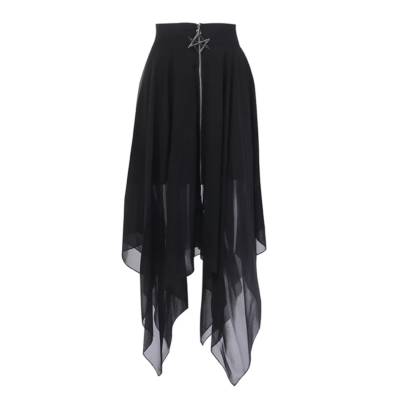

Dark Fashion Punk Style Skirt Women Summer Irregular Mesh Elastic Waist Zipper Skirt for Gothic Girl Street Wear