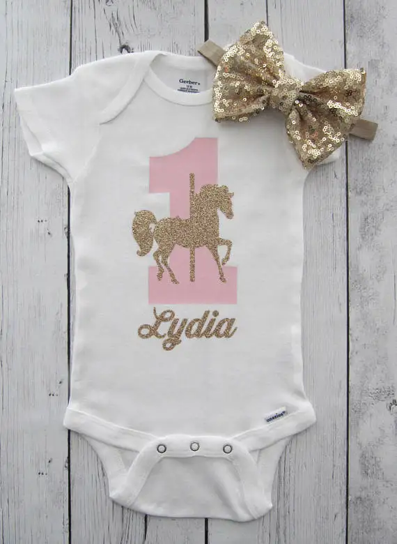 

personalized name Carousel Horse first birthday bodysuit onepiece cake mesh tutu romper Outfit Set baby shower party favors