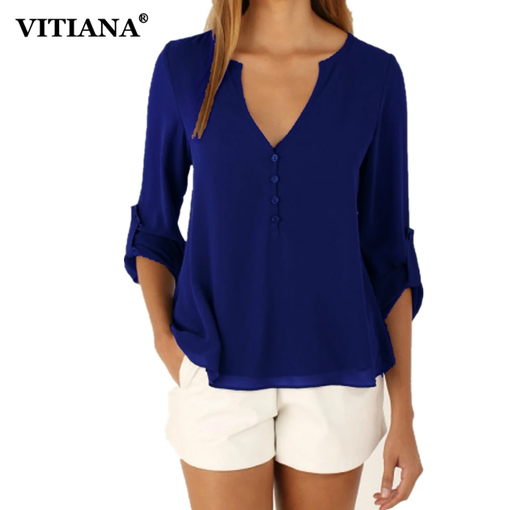 

Women Plus Big Size S-5XL Casual Chiffon Blouse Tops Female 2018 Summer White Solid 3/4 Sleeve V-Neck Elegant Hot Tee Shirts