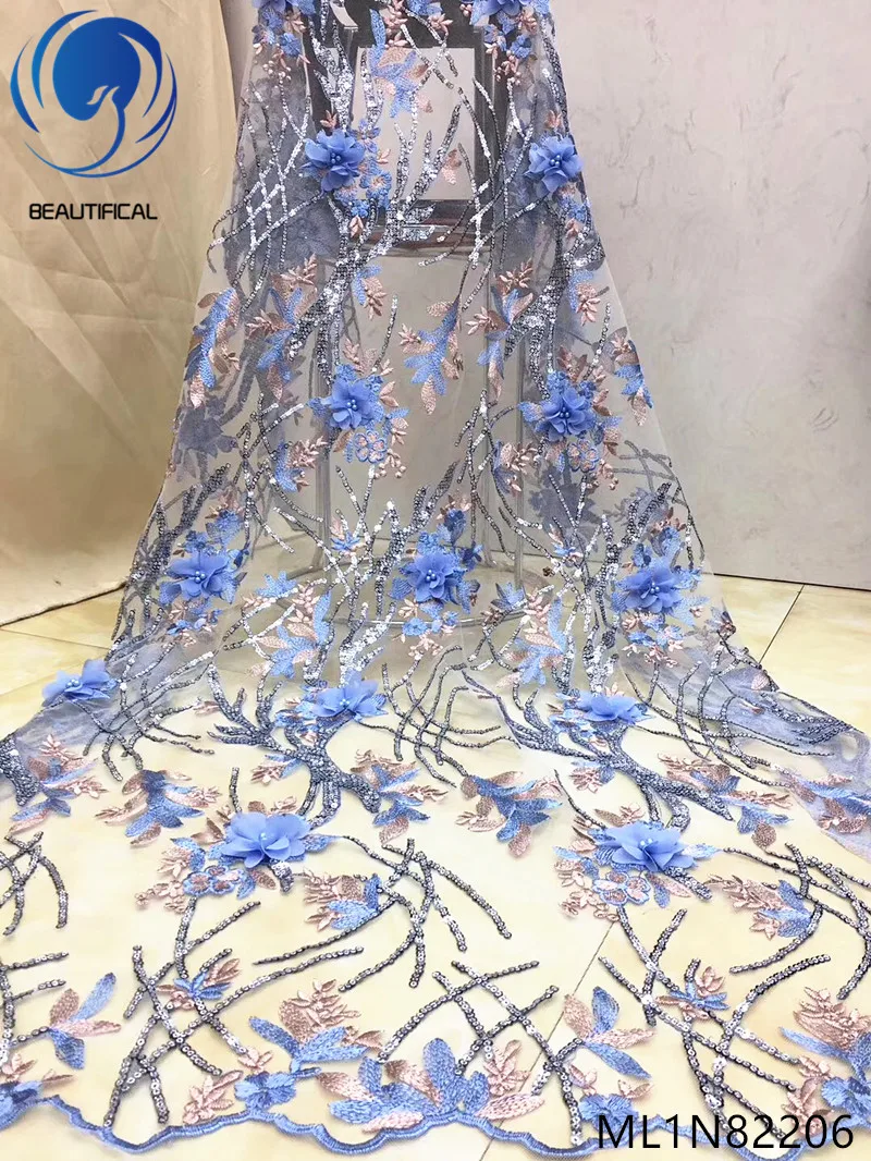 

Beautifical french lace fabrics 5yards nigerian net lace sequins fabric with beads for wedding 3d flowers lace fabric ML1N822