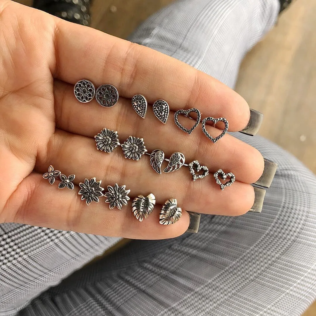 

9 Pairs/set Bohemian Antique Silver Water Drop Stud Earrings Sets Fashion Carved Flower Heart Crystal Earrings Party Jewelry