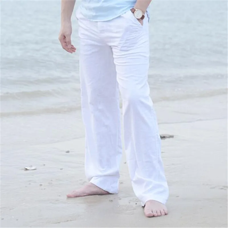 2019 Casual Pants for Men Cotton Linen Straight Trousers White Linen Elastic Waist Leisure Beach Man's Full Pants Plus Size