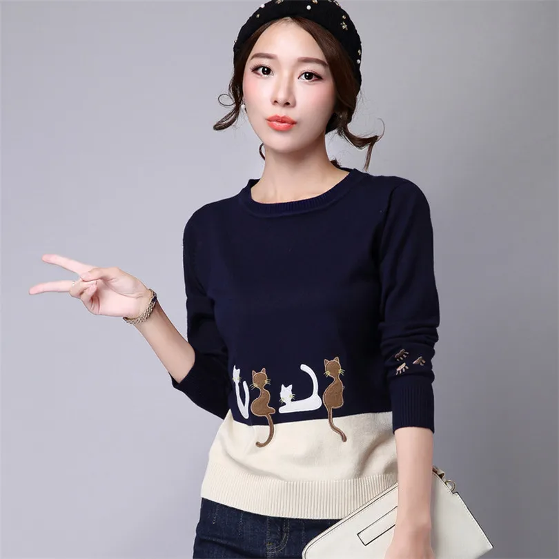 Buy Women Cartoon Cat Embroidery Sweater 2016 Mori