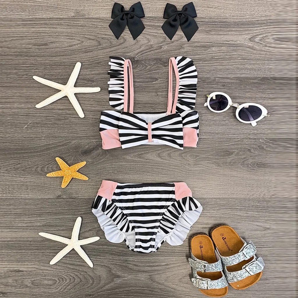 

Baby Girl Clothes Children Kids Girls Sleeveless Ruffle Stripe swimsuit+Shorts Bikini Swimwear Set for girls Layette