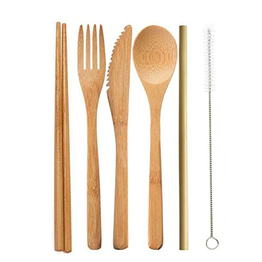 

6pcs/set With Cloth Bag Spoon Fork Chopstick Flatware Portable Reusable Picnic Natural Kitchen Utensil Bamboo Travel Cutlery Set