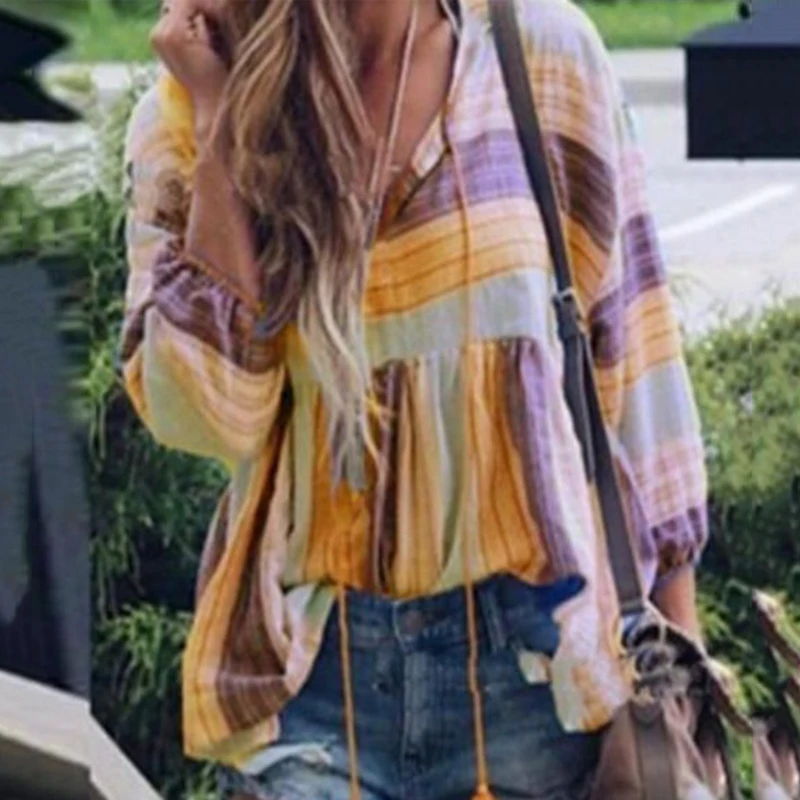 

Women's Tops Ladies Shirts Summer V-Neck Tassel Blouse Fashion Stripes Shirt Loose Vintage Casual Plus Size Blouse