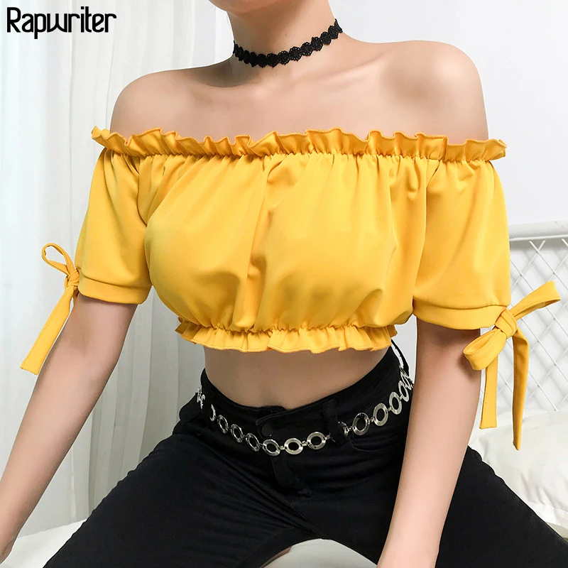 

Rapwriter Sexy Off Shoulder Solid Stretch Lace-up Ruffles Crop Tops Women 2019 Summer Streetwear Short Sleeve Skinny T-Shirt