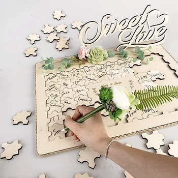 

Free shipping 1pcs Personalized wood custom name jigsaw puzzle Memoirs Engaged moved party Creative Wedding signature guest book