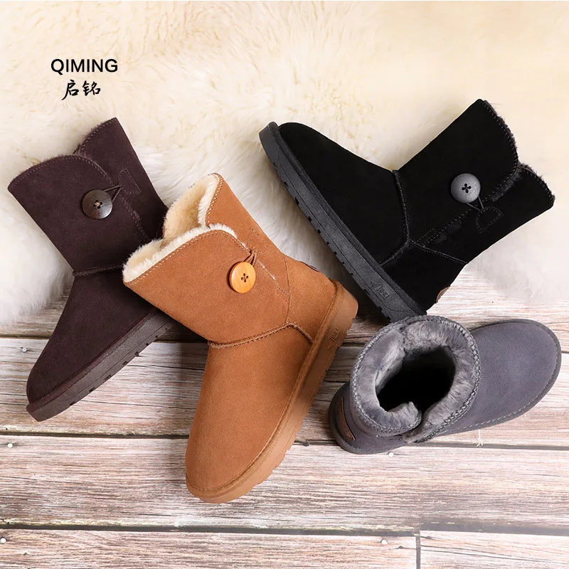 

Leather snow boots female new button section in the tube thickening fur one warm non-slip winter snow cotton shoes women Z25