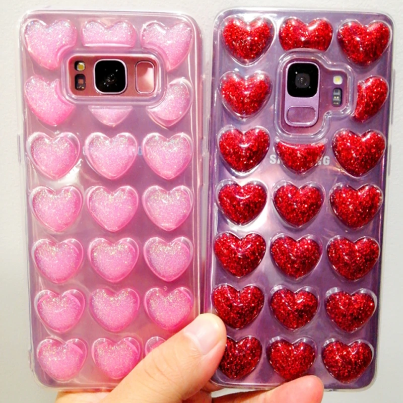 Чехол для samsung Galaxy S9 блестящая пудра 3D сердце оболочка телефона мягкий