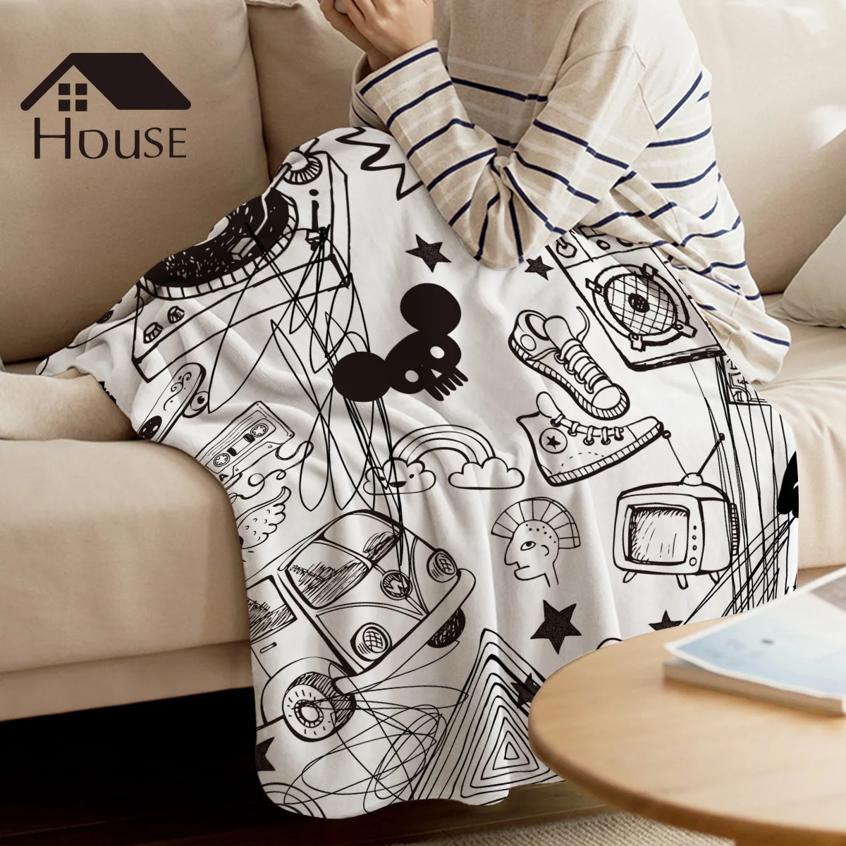 BIGHOUSES пледы одеяло белый мультфильм Doodling теплый микрофибра одеяло фланелевое одеяло