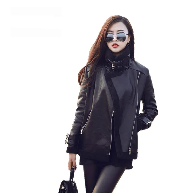 Black Motorcycle Leather Coat Lambs Wool Thick Fur New 2018 Autumn Leather Jacket Women Winter Female Buckle Design High Quality