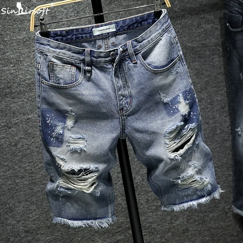 

2019 Summer Men's Jeans Cotton Broken Copper Shorts Stretch Casual Large Size Denim Shorts 28-36 Blue Floor Exposed Ankle Shorts