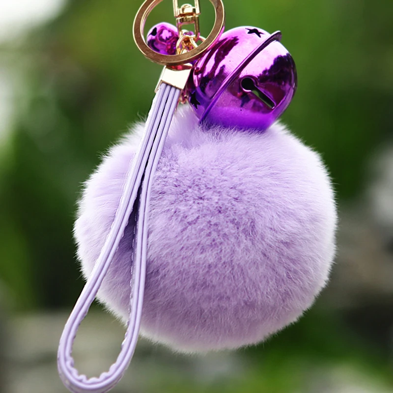 Cute 8CM Rabbit Fur Ball Keychain Bunny Fur Pom Pom Keychain Leather