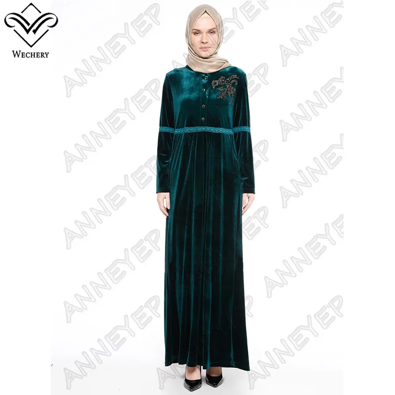

Wechery Spring Winter Abaya Fashion Muslim Velvet Dress Quality Long Sleeve Dresses Slim Waist Turkish Islamic Clothing