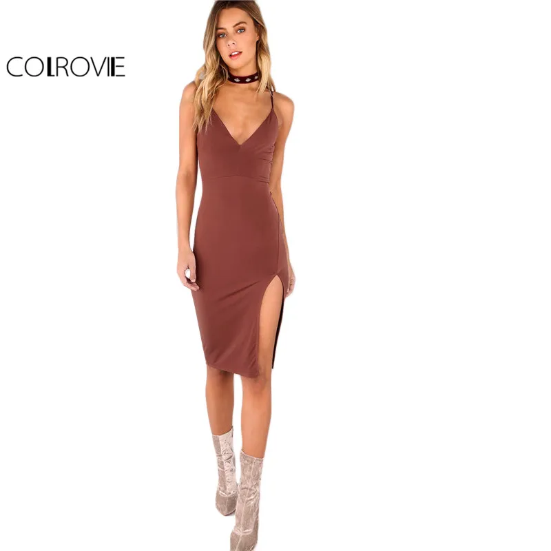 COLROVIE Sexy Bodycon Party Dress Women Brown V Neck Side Split Slim