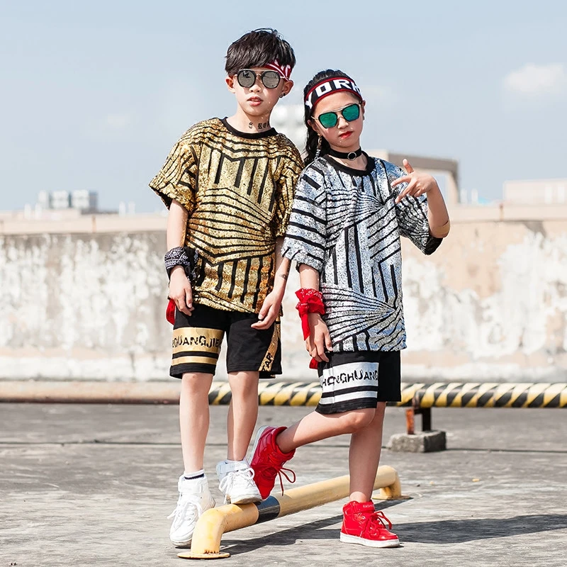 Children'S Jazz Dance Costumes Boys Girls Hip-Hop Short-Sleeved Street Set Sequins Tops Shorts Performance Clothing DL2598 |