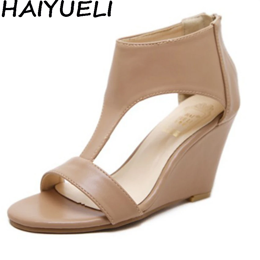 comprar AIYKAZYSDL Mulheres Concise Calçados Casuais Faux Couro Do Dedo Do Pé Aberto Sandálias de Cunha Calcanhar de Verão sapatos de Salto Alto Tornozelo Envoltório Sandálias de Volta Zipper