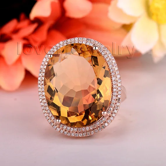 Новый Овальный 18x23 мм 14kt розовое золото с бриллиантом Желтый Цитрин обручение кольцо R0014