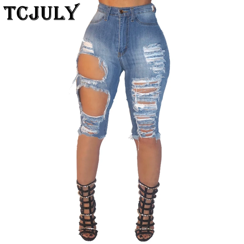 

TCJULY High Street Stretchy Push Up Short Feminino Jeans Plus Size Bleached Torn Denim Shorts Casual Knee Length Pants For Women