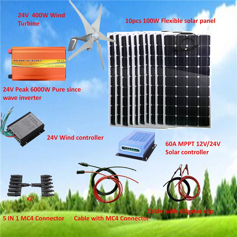 

1400W Hybrid System Kit: 400W Wind Turbine & 10*100W Flexible solar panel+ Peak 6000W Pure Since Wave Inverter+Accessories