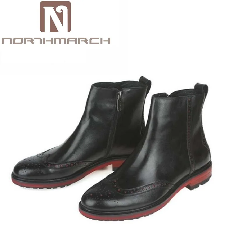 

NORTHMARCH Brand High Quality Black Elastic Zip Round Toe Ankle Casual Genuine Leather Luxury Designer Men Dress Wedding Boots