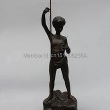 1" Western Art Бронзовая скульптура Мраморный Мальчик копье палки в Рыба Карп Статуя