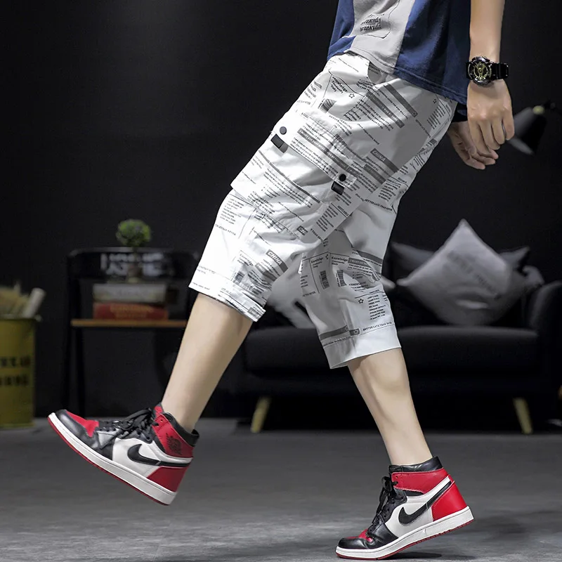 

Streetwear Calf-Length Pants Trend Printing Men's Pants Multi-Pockets Elastic Waist Large Size Calf-Length Pants