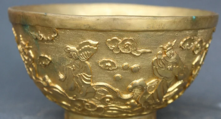 

Free Shipping JP S62 6" Chinese Dynasty Gold Copper Eight 8 Immortals Gods Buddha Offering Bowl