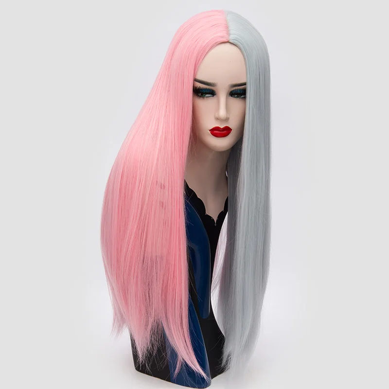 70cm Middle Part Long Straight Wig Synthetic Hair Pink Red Blonde Black White Ombre Halloween Costume Party Wigs For Women