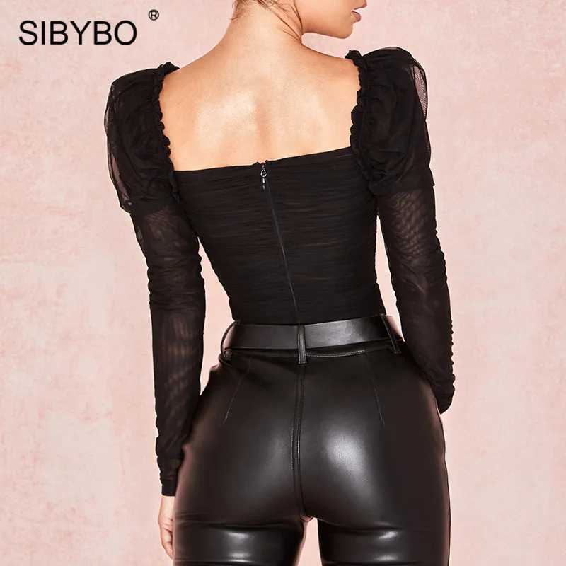 Sibybo сетки прозрачные узкие сексуальное боди Для женщин с длинными рукавами блуза с прямоугольным воротником летняя Для женщин Комбинезоны Черный Повседневное Женское боди