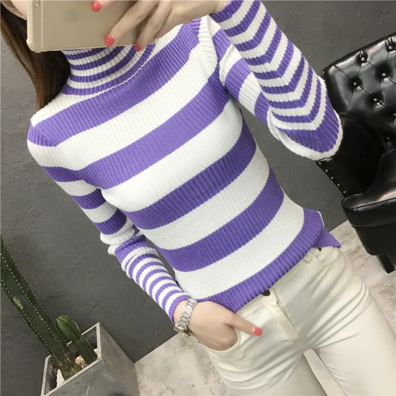 

Winter Women Sweaters 2019 Casual Streetwear Harajuku Style Striped Pullovers Female Korean Turtleneck Knitted Cashmere Jumpers