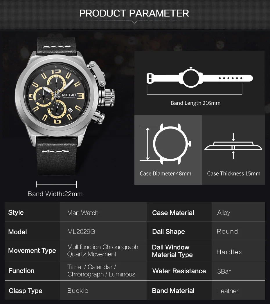 Megir Для мужчин хронограф аналоговые кварцевые часы с датой светящиеся стрелки Водонепроницаемый кожаный ремешок Wristswatch для человека часы