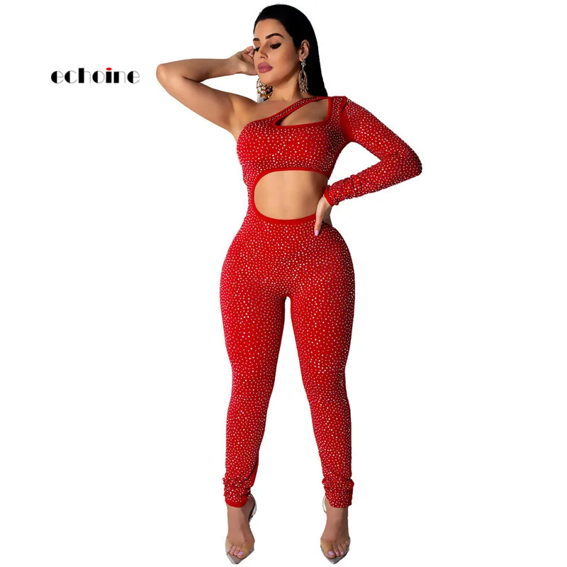 

Echoine Women Sexy Jumpsuit Strapless One Shoulder Diamond Hollow Out Tight Long Pencil Pants Fake Two Pieces Party Club Romper