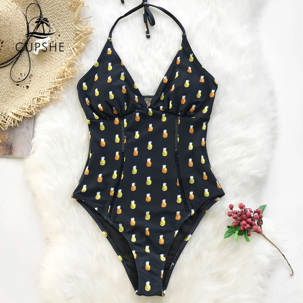 Kopen Cupshe Ananas Print Halter Een Stuk Badpak Vrouwen Donker En Geel Terug Haak Monokini 2020 Meisje Sexy Strand Badmode