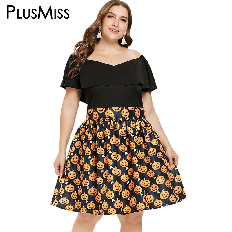 

PlusMiss Plus Size 5XL-L Halloween Pumpkin Printed Flounce Party Dresses Women Big Size Vintage Ruffle Off Shoulder A Line Dress