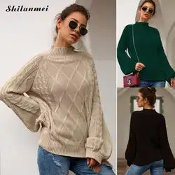 Повседневное акриловые Для женщин уличная вязаный свитер, свободного кроя с высоким, плотно облегающим шею воротником; модная зимняя