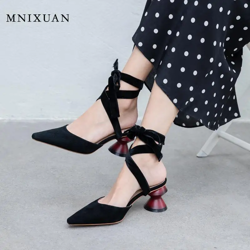 

MNIXUAN High quality Gladiator Sandals Women high heels 2019 Summer new sheepsuede sexy covered pointed toe ankle strap shoes