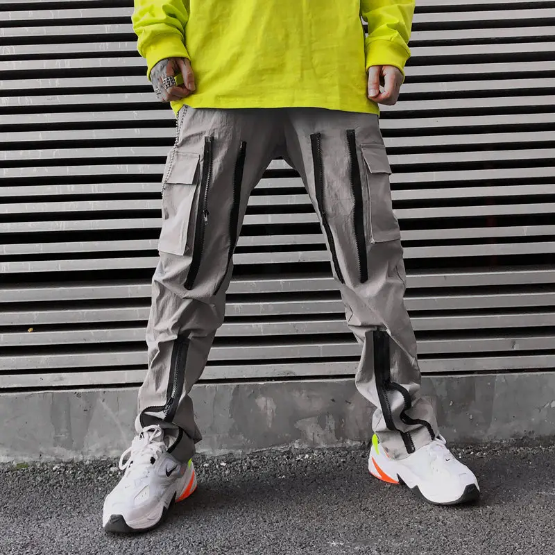Red Function Multiple Zipper Cargo Pants Men Harajuku Hip Hop Multi-pocket Casual Pants Youth Personality Straight Trousers