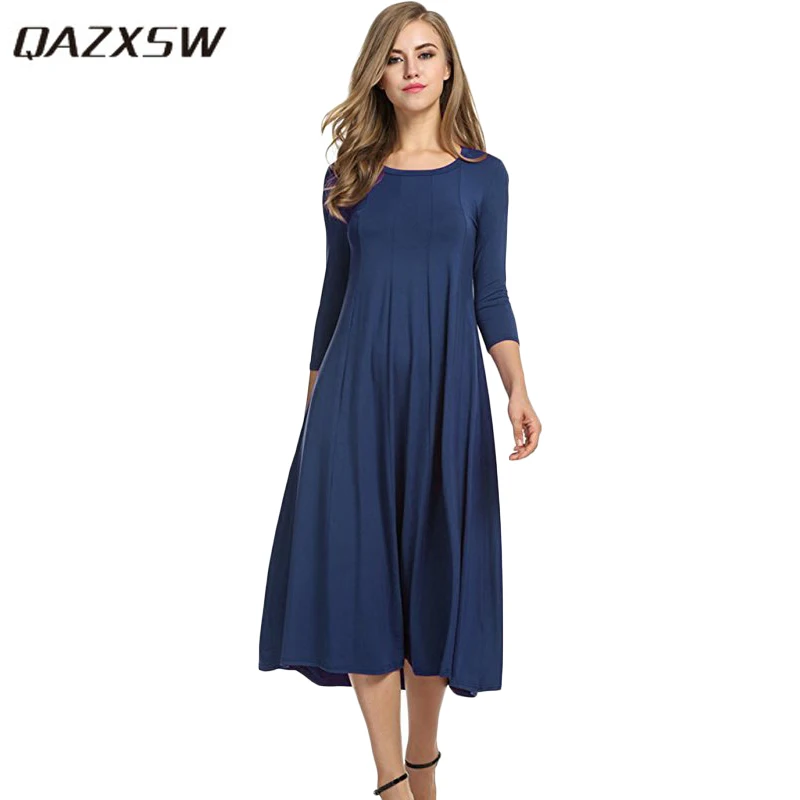 

QAZXSW 2019 New Spring Plus Size Dresses For Women Render Dress O-Neck Vestido Casual Ladies Long Dress Ladies Party Dress HB628