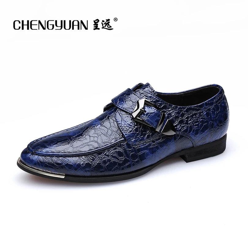 

Men flats leather business shoes point toe black blue dress party leather metal buckle men shoes US11 CY711 CHENGYUAN